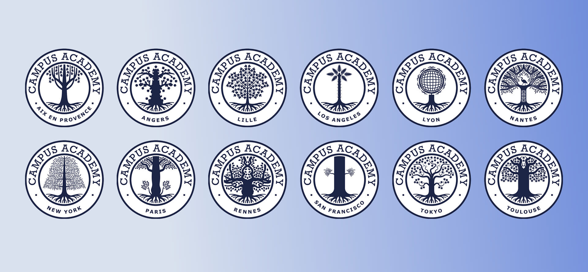 Liste des 12 logos de campus academy. Chacun représente un arbre bleu océan en aplat détaillé sur un fond blanc, le tout cerclé par deux cercle et la typographie Campus academy entre l'espace des deux cercles. Chaque est signé entre ces deux espaces du nom de la ville où se situe l'école.