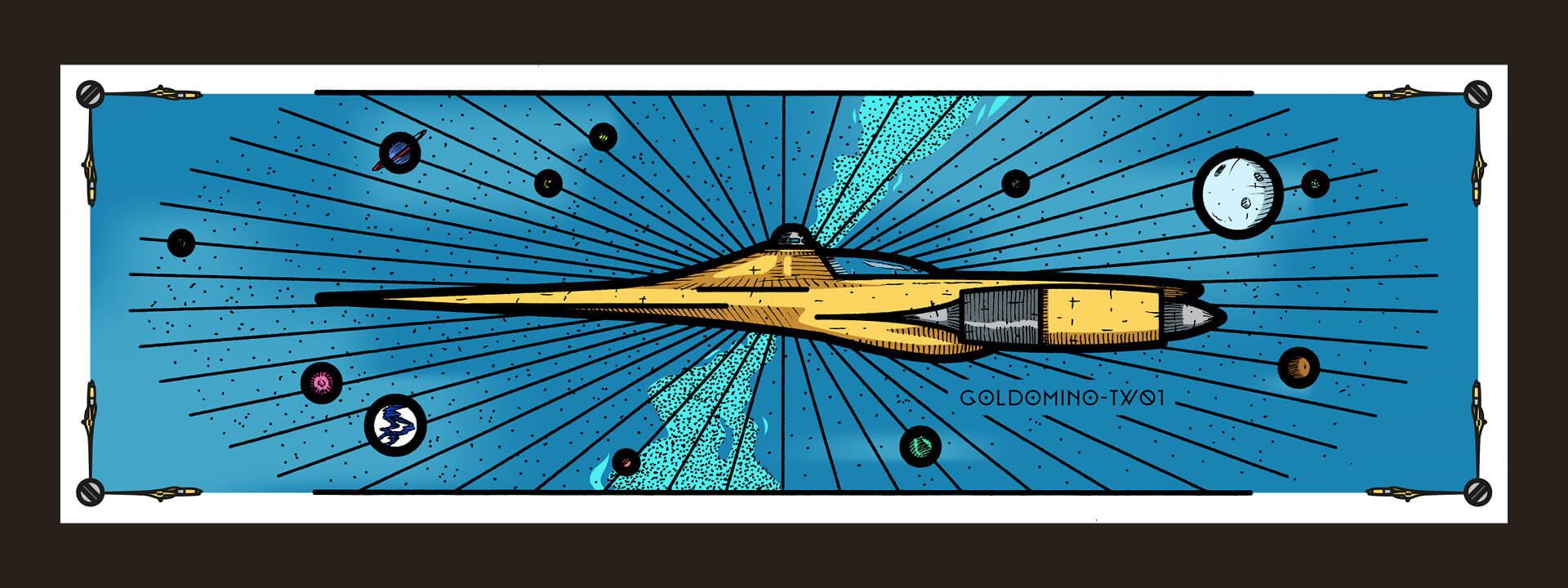 Le Goldomino-TWO1 est un vaisseau inspiré des speeders de Naboo. Il est vu de profil sur un fond d'espace très graphique. Des planètes sont visibles au loin.