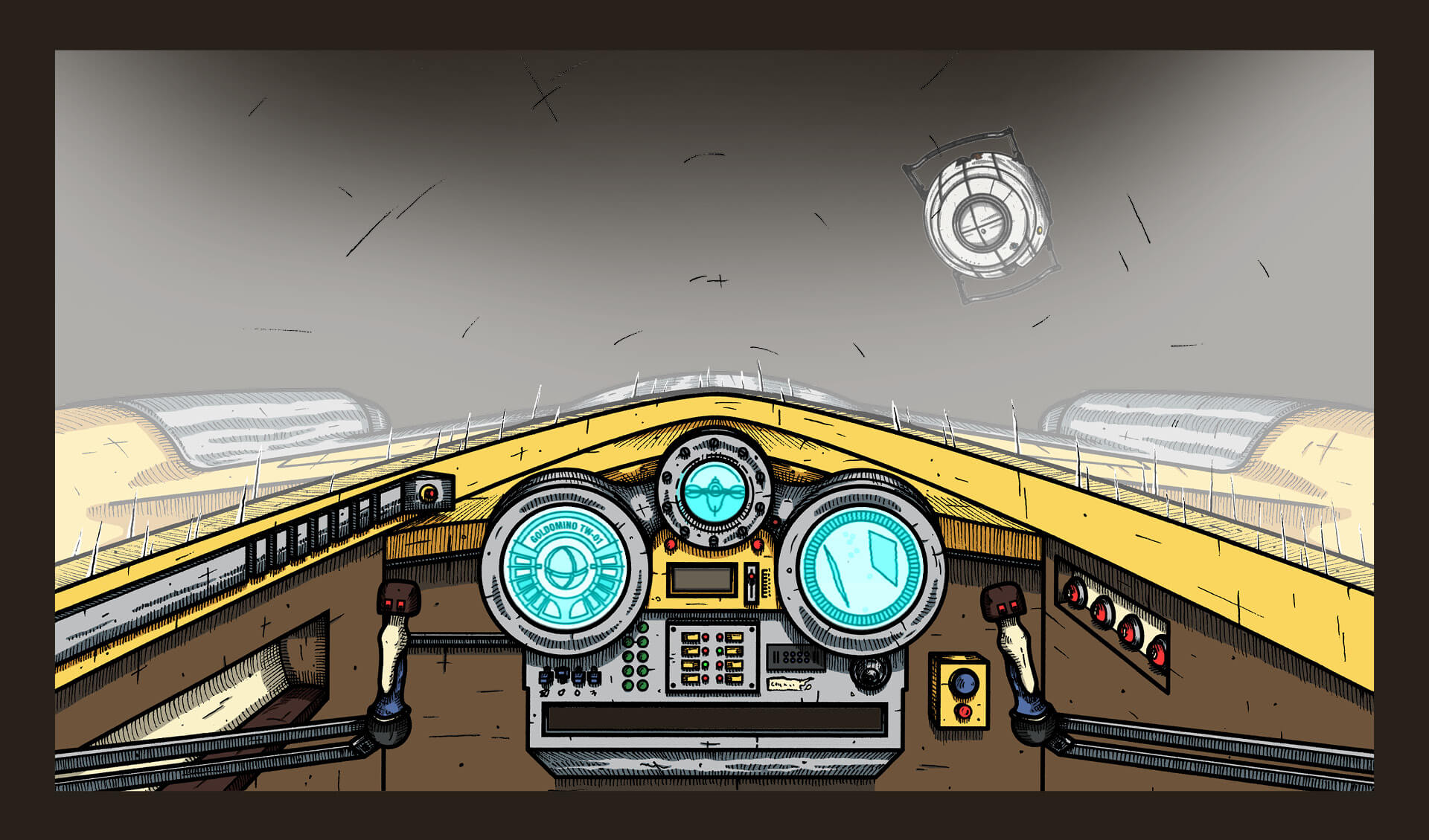 Intérieur du cockpit du vaisseau. D'ici on peut voir les commandes, le tableau de bord ainsi que l'espace à l'extérieur. Un robot flotte et regarde le face à nous.