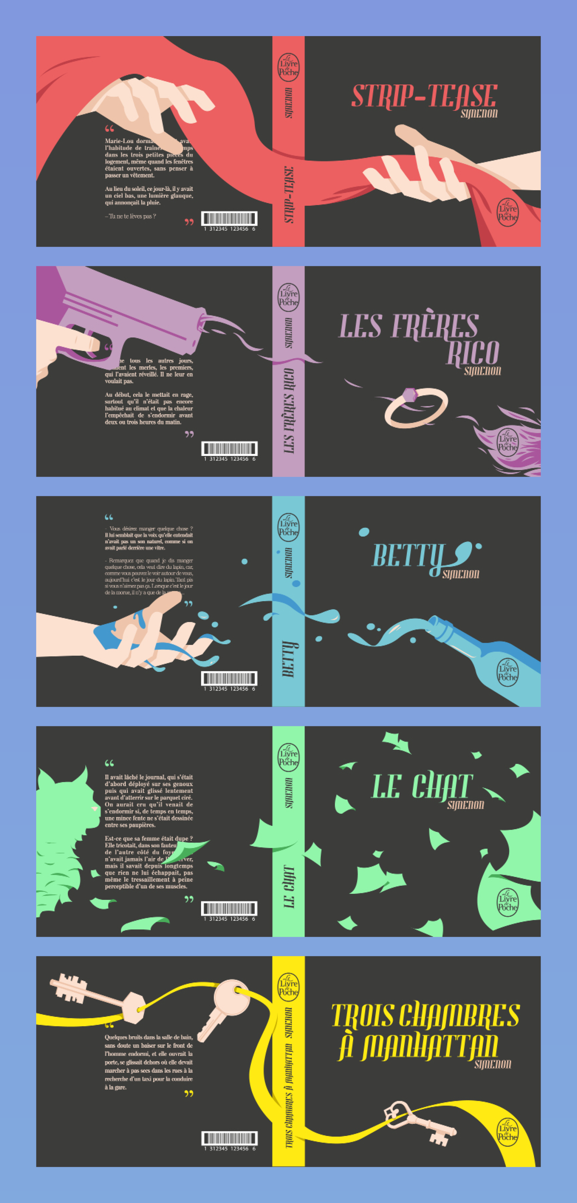 Visuel présentant les 5 couvertures sur toute la surface du livre. Chaque livre possède le même système typographique et visuel. Une couleur dominante (Rouge, violet, bleur clair, vert menthe, jaune oeuf). Seules les mains ou les clefs sont de couleur chair. Les illustrations traversent les couvertures de part en part.