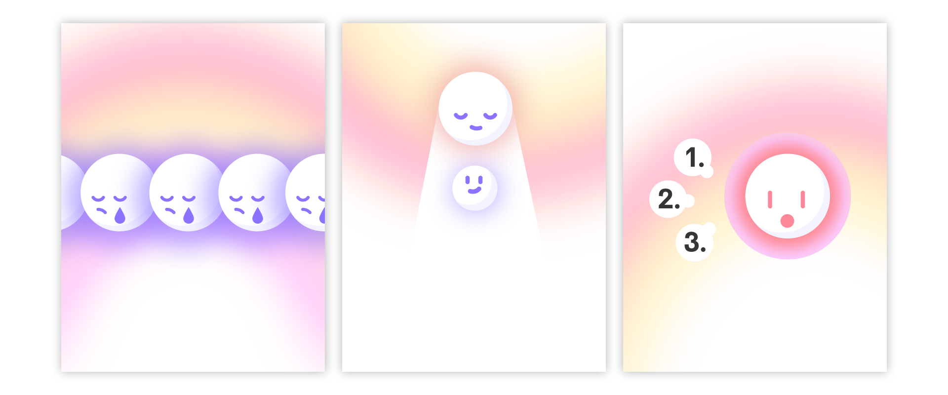 3 illustrations représentant des visages simplifiés avec des émotions de pleurs, sourire, et interlocation.