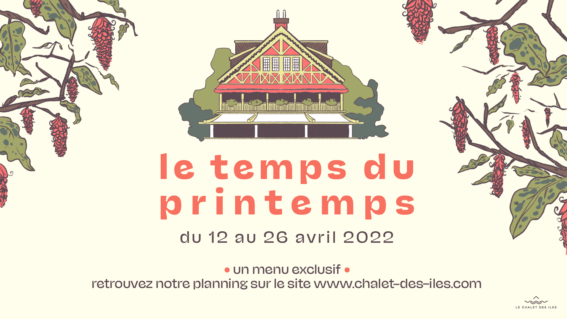 Affiche au format paysage représentant un chalet au milieu de fleurs