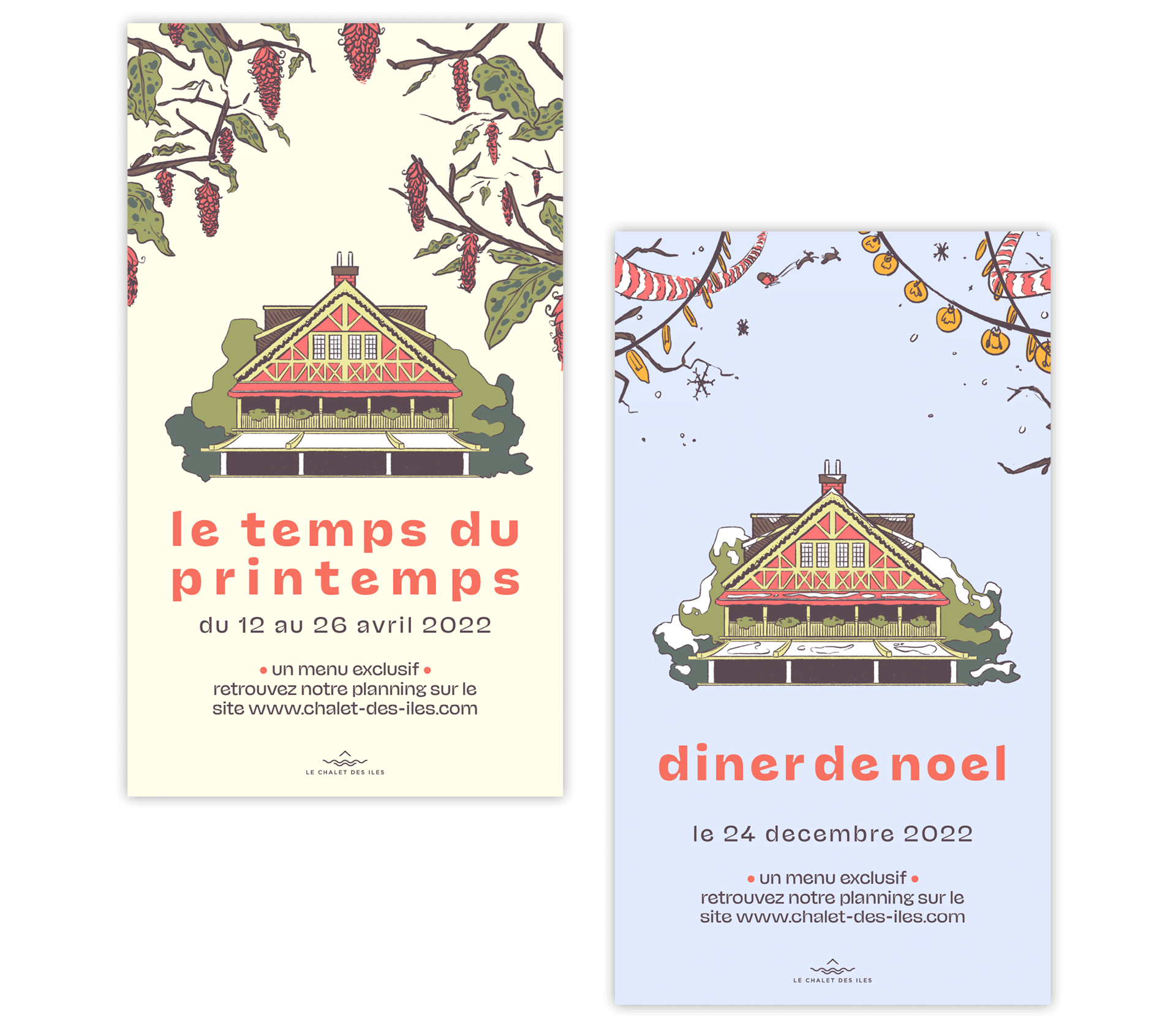 Duo d'affiches présentant la forme printemps et hiver du chalet et ses changements de couleur