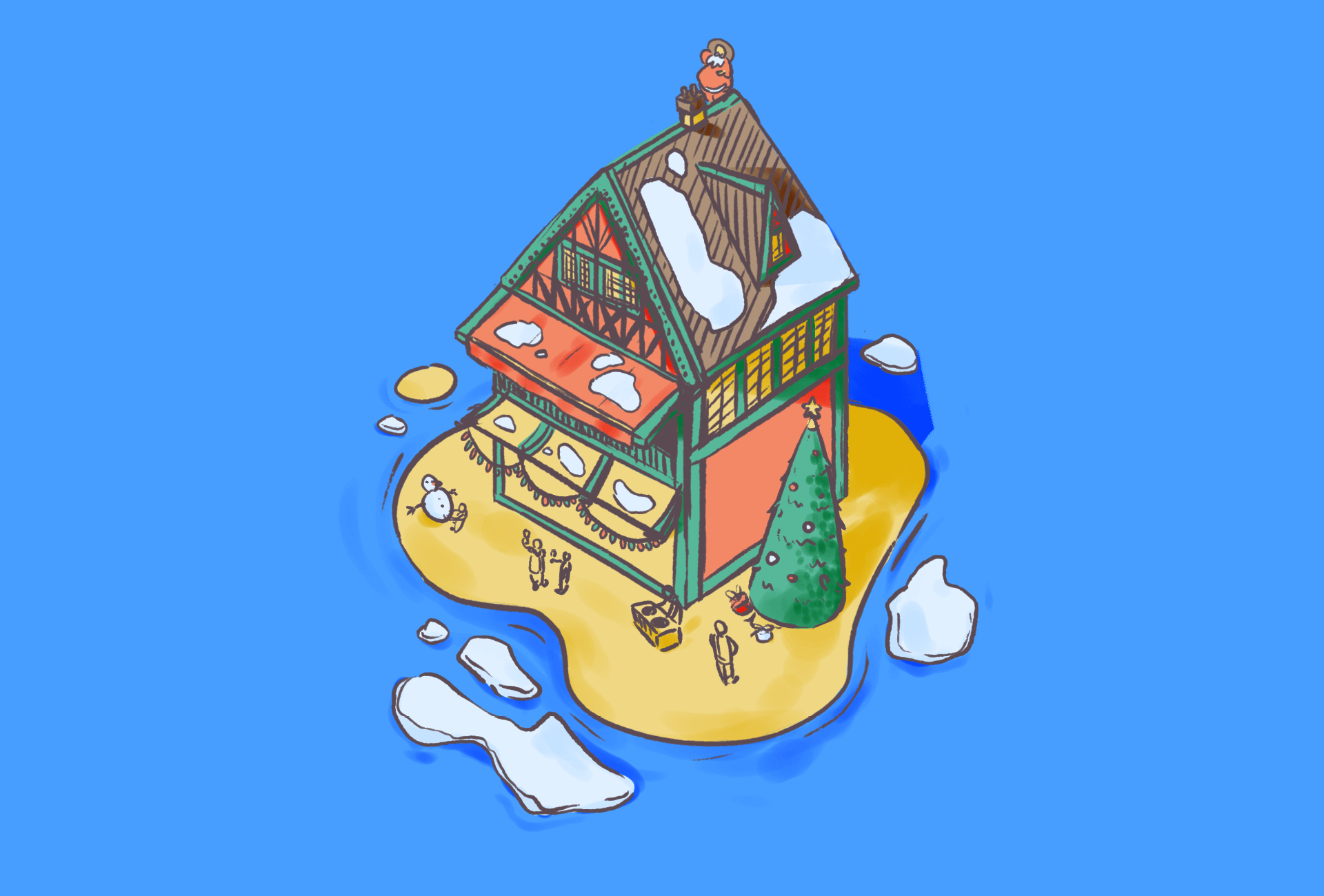 Illustration représentant un chalet sur une île au milieu de l'eau dans un format isométrique.