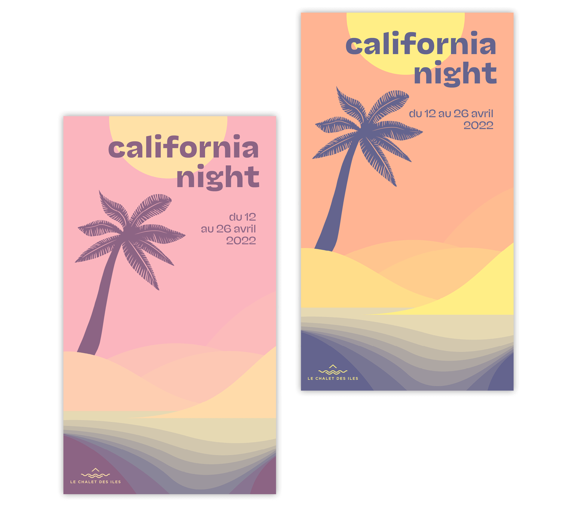 Déclinaisons des couleurs de l'affiche de l'îlot californien. Un rosé et un orangé.