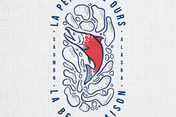 Saumon rouge sautant au milieu de bulles d'eau. Tout autour se trouve une typographie avec écrit :"La peau de l'ours", "la belle saison", "depuis 2022"