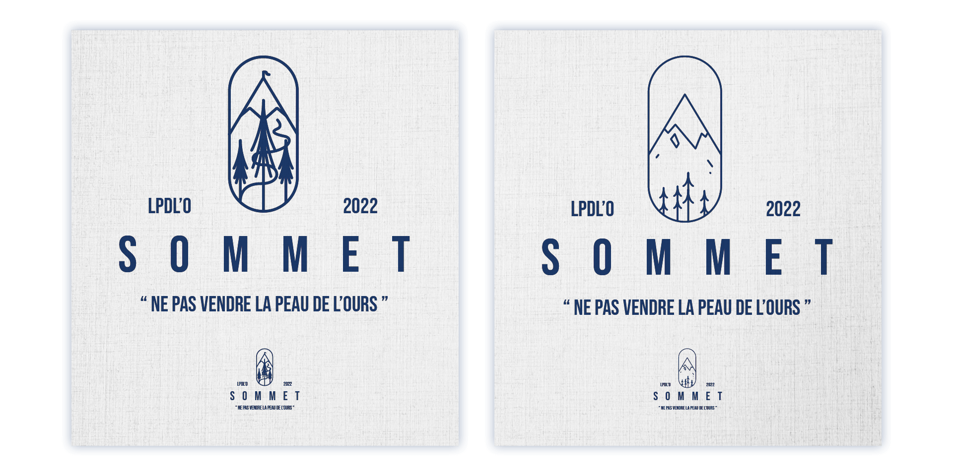 Deux illustrations à la ligne claire bleu foncée représentant le sommet d'une montagne cerclé d'un ovale. En dessous se trouve une typographie avec plusieurs éléments dont le principal décrit "le sommet".