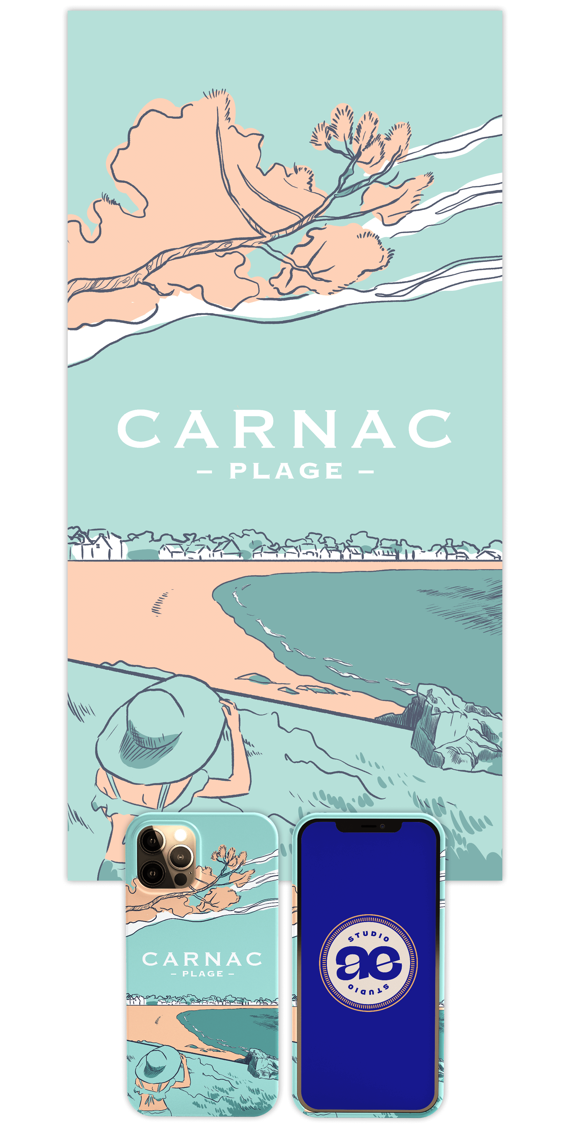 Image de Carnac en bleu clair et rose saumon. La plage, une femme et son chapeau, des maisons au loin.