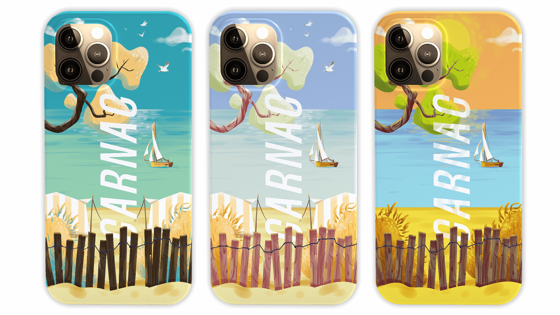 3 coques présentant le design de Carnac plage avec différents visuels et palettes de couleur. SLM Mobiles coques.