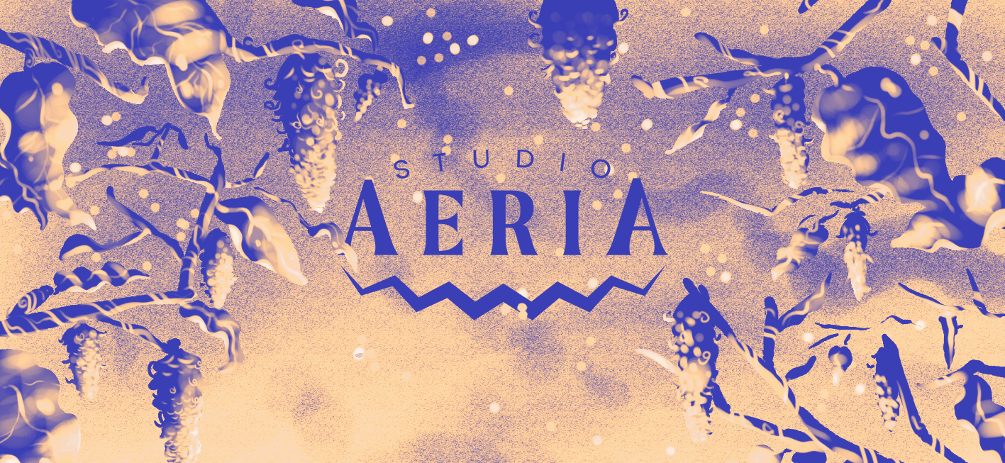 Bannière du studio Aeria représentant le logo ainsi que de la végétation autour. Le tout dans un dégradé qui va du bleu électrique au blanc cassé de jaune.