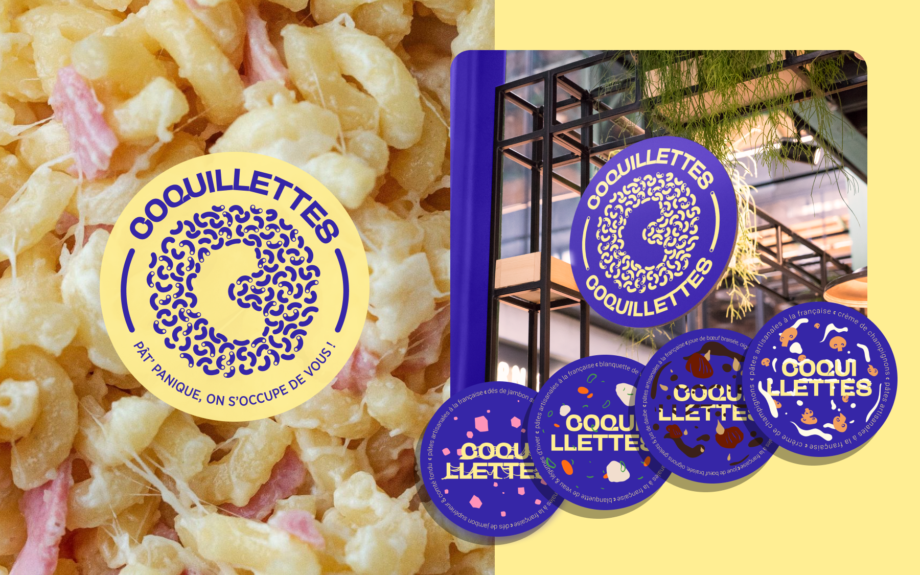 Identité visuelle du restaurant Coquillettes présentée dans la maquette.