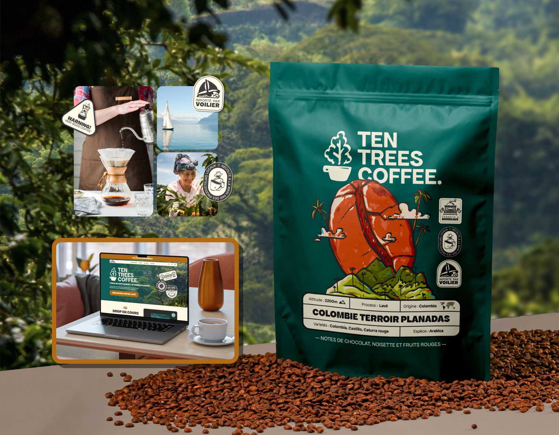 Identité et packaging de Ten Trees Coffee.